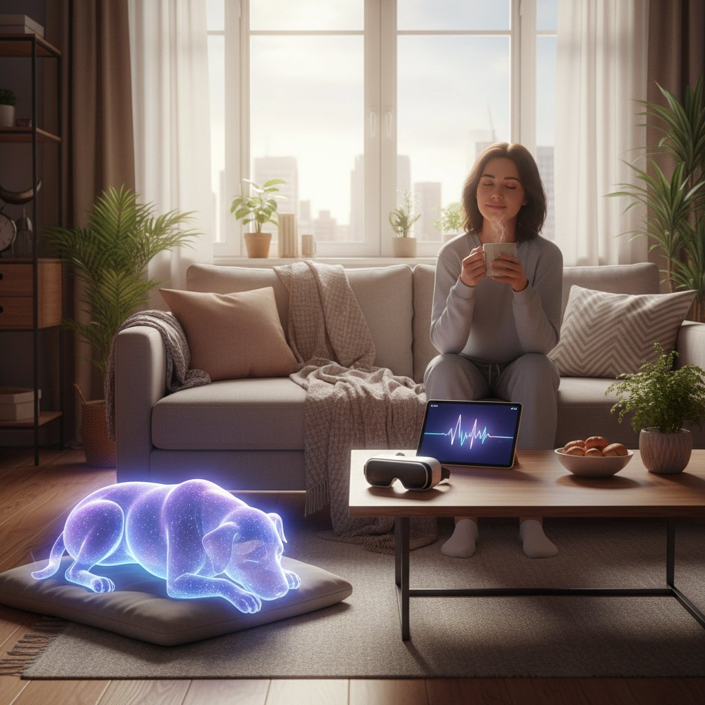 Codzienny rytuał odprężenia z wirtualnym psem przy kawie, relaks w mieszkaniu