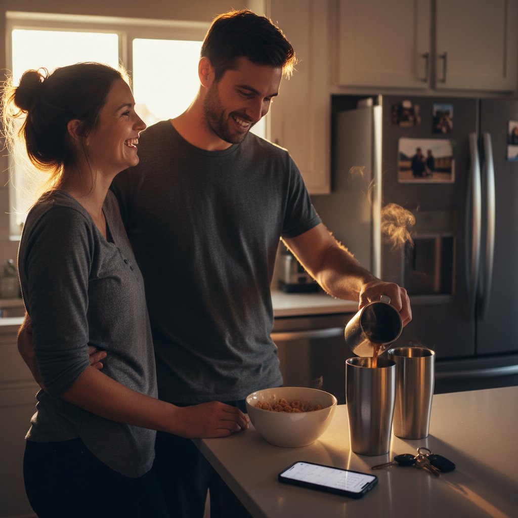 Couple sharing coffee and laughter in the kitchen at sunrise, micro-moment of connection despite busy lives