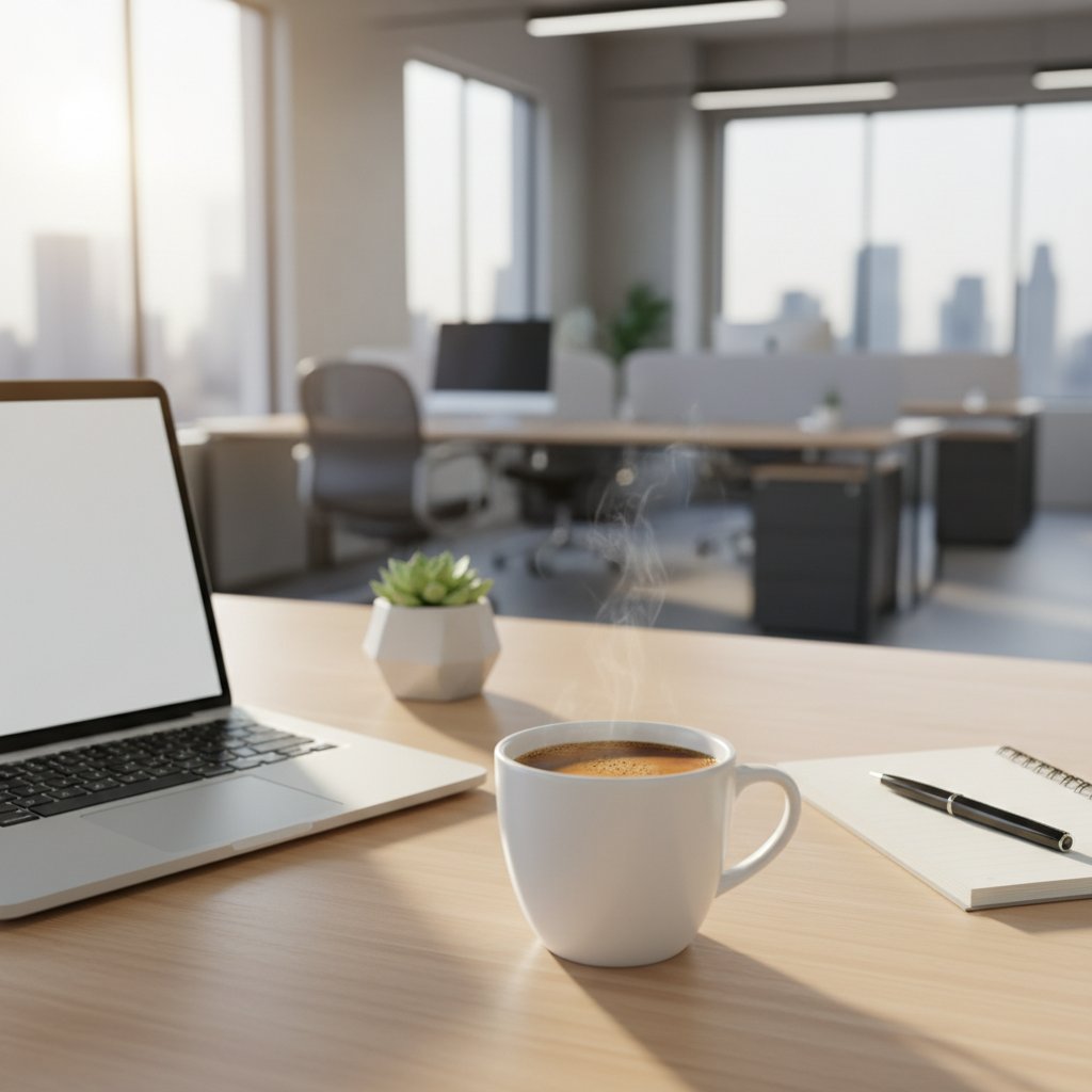 Zdjęcie biurka z filiżanką kawy, laptopem bez otwartej skrzynki mailowej, wczesny ranek