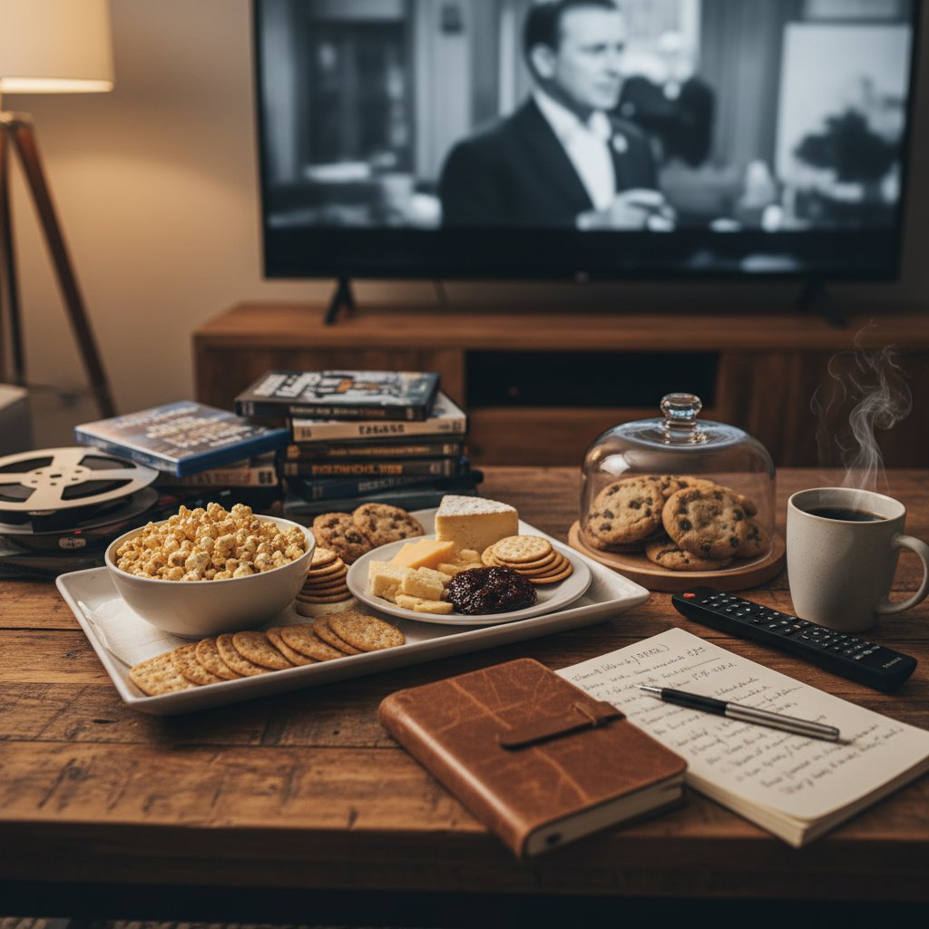 Artful overhead shot of a coffee table with snacks, film notepad, and TV remote. Alt: Movie marathon setup with snacks and journal, perfect for ordinary films.