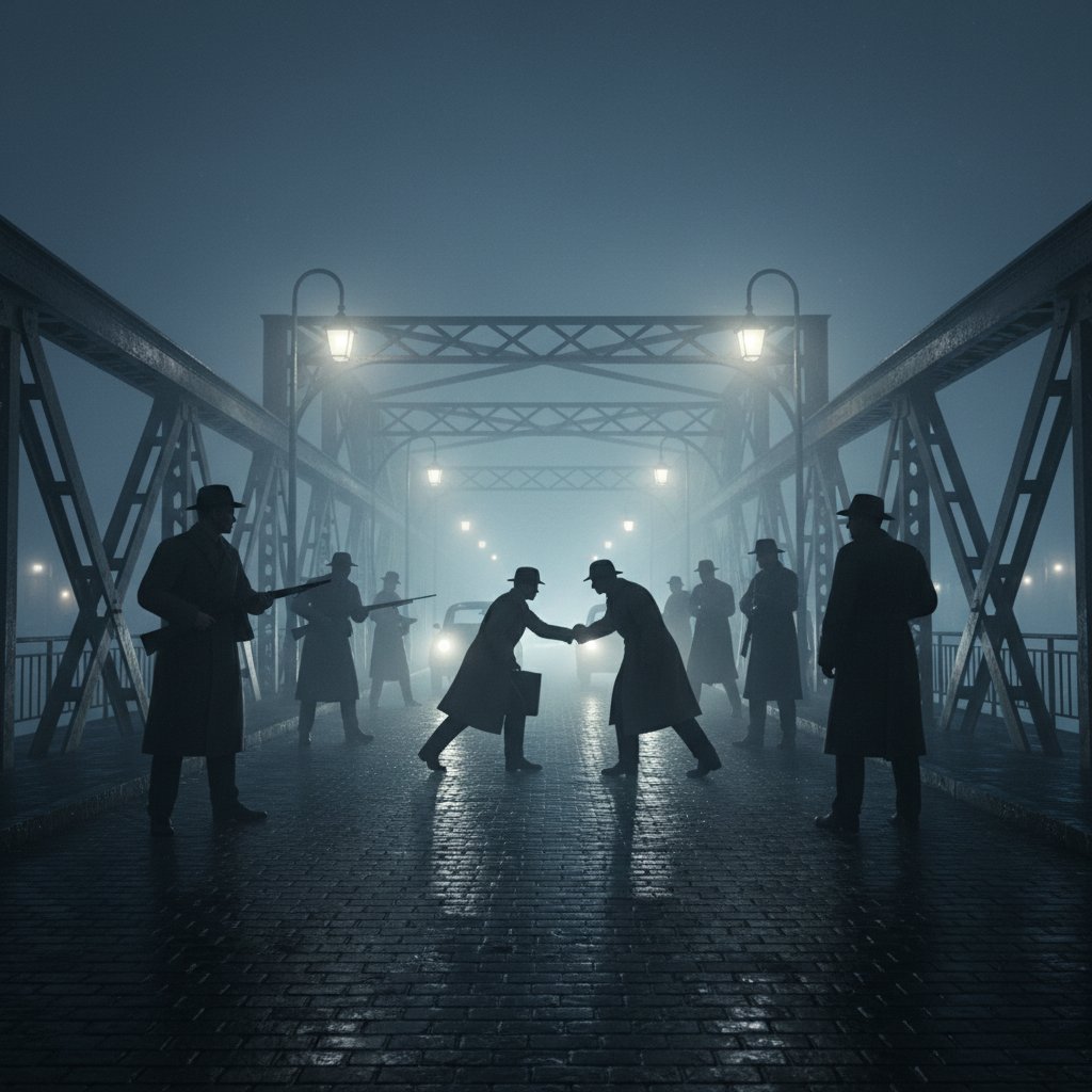 Cold War spy exchange scene in a film, foggy bridge, tense atmosphere