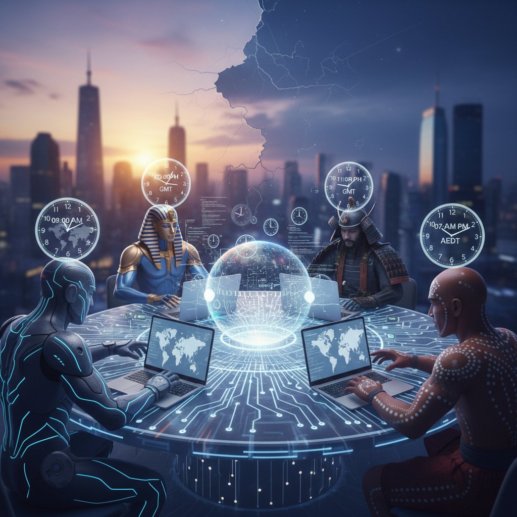 Surreal illustration of clocks, laptops, and avatars collaborating across time zones