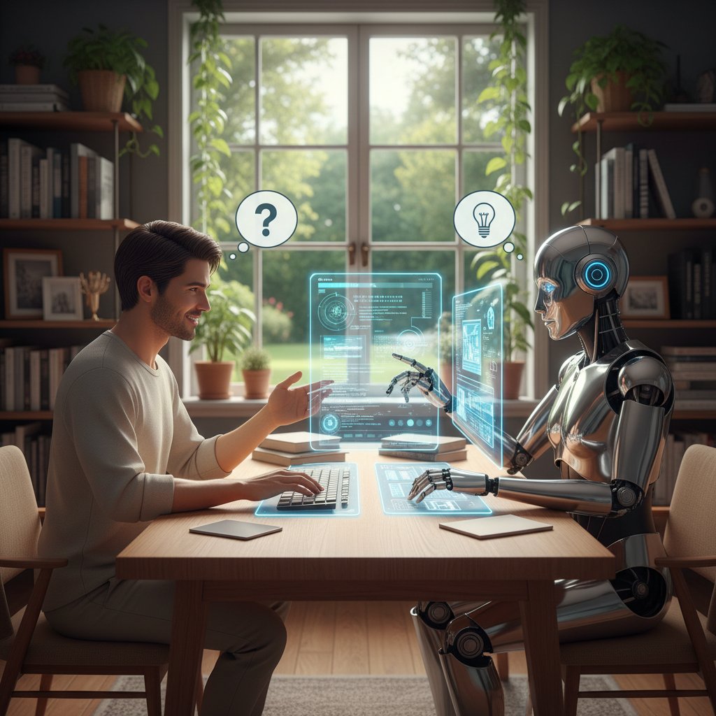 Zdjęcie przedstawiające współpracę człowieka i AI w domowym biurze – symbol równowagi