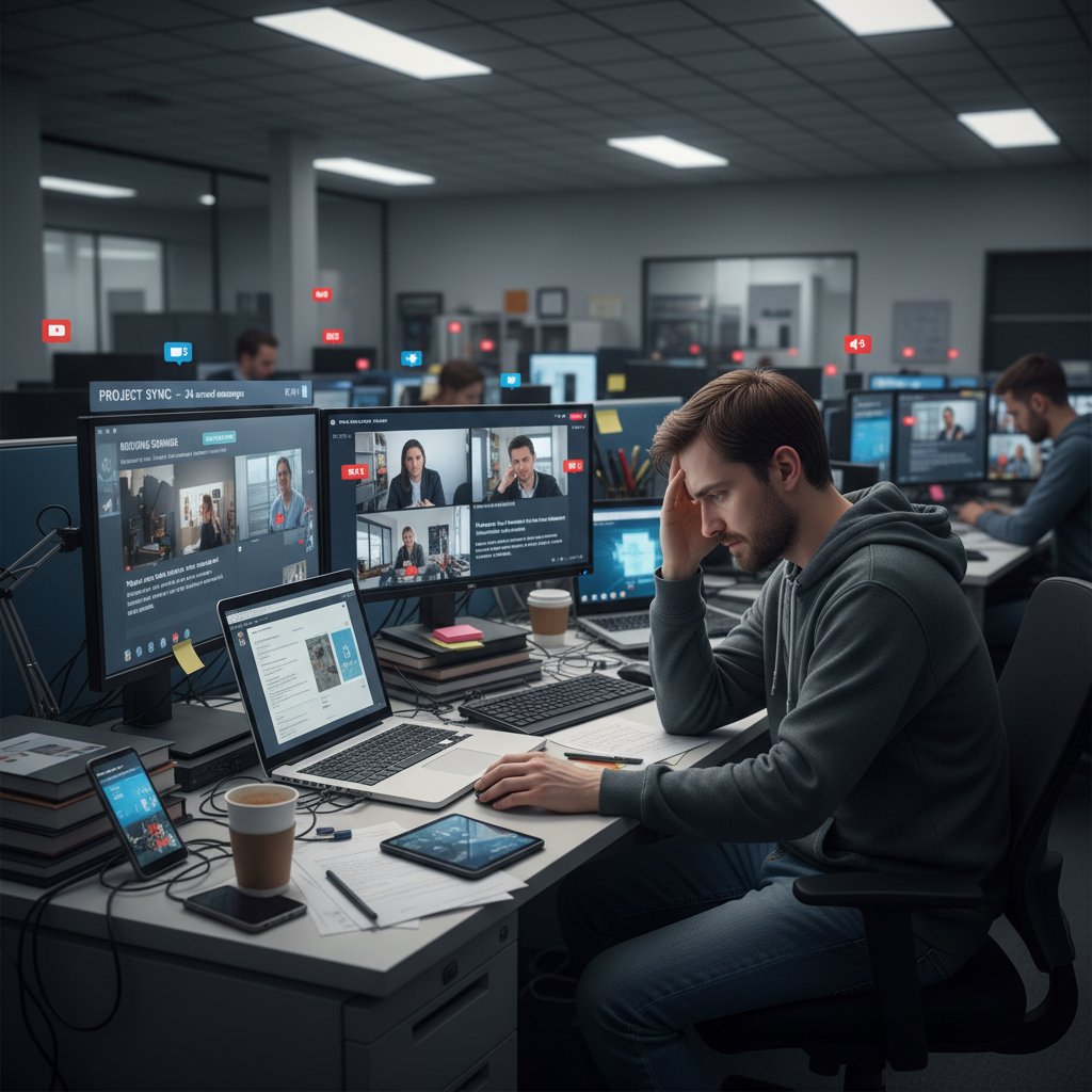 Employee at a cluttered desk, visibly exhausted by notifications and collaboration tools