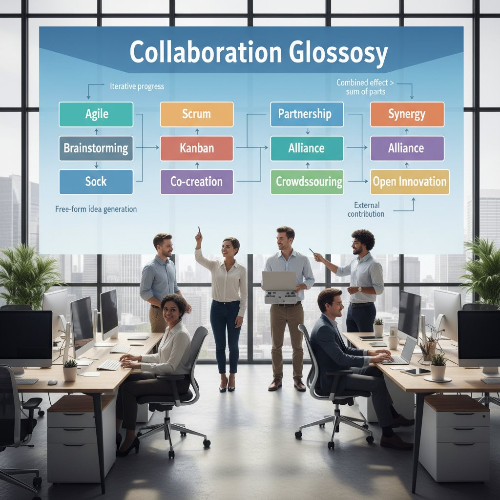 Digital glossary terms displayed on a modern workspace whiteboard, symbolizing shared language