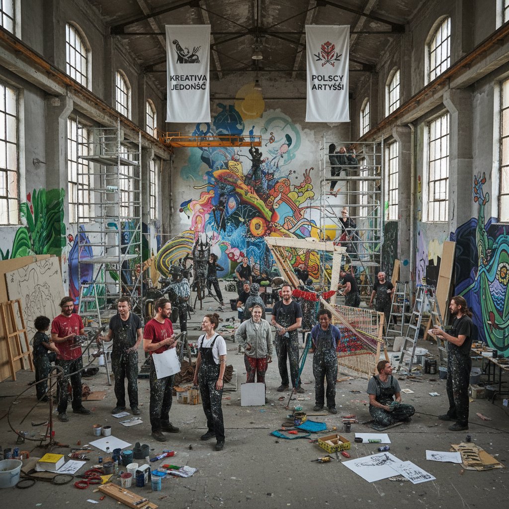 Twórcza współpraca w polskiej sztuce jako przykład jedności, artyści przy pracy, różnorodność