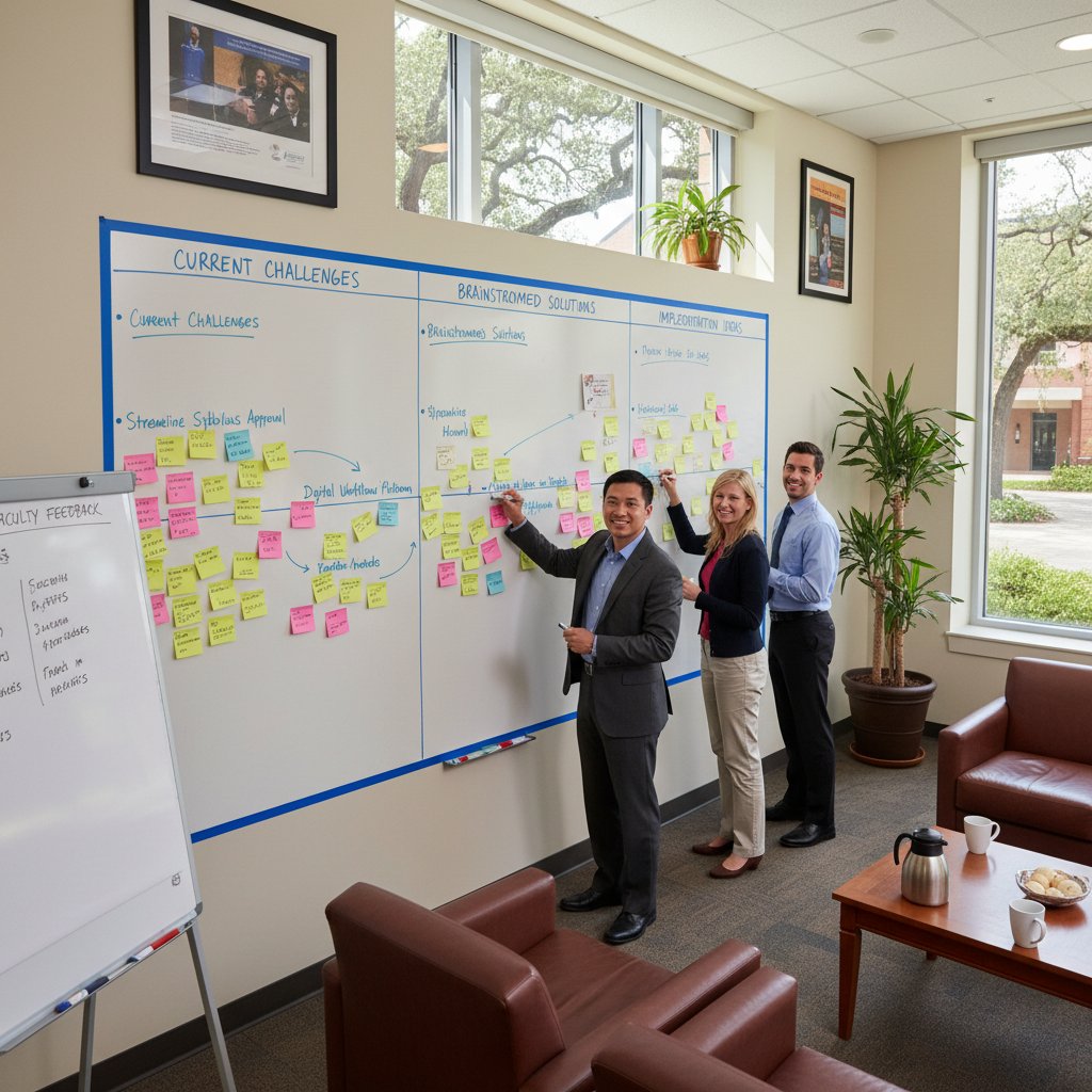 Collaborative improvement wall in a university faculty lounge, showing analog continuous improvement tools in action
