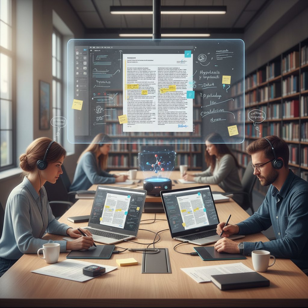 Two researchers annotating a digital document together—collaborative research tools in use