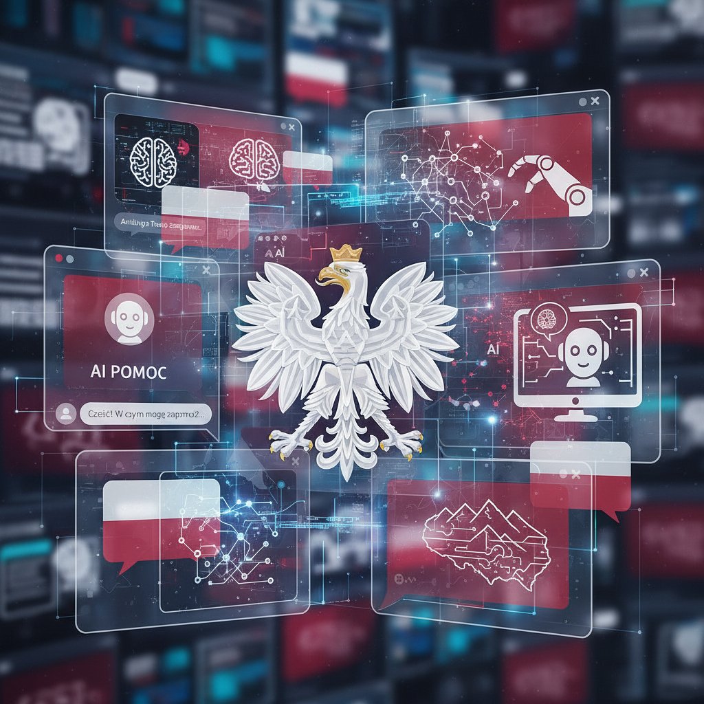 Kolaż ikon wsparcia cyfrowego, AI, okienek czatu i polskich symboli