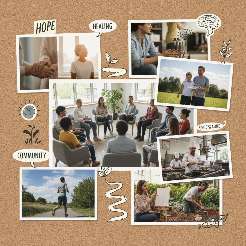 Kolaż zdjęć: różne osoby z różnych środowisk, terapia uzależnień, codzienność, przełamywanie stereotypów