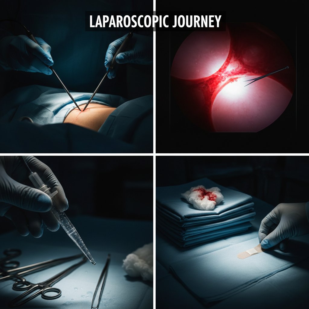 Kolaż scen z operacji laparoskopowej, różnorodne momenty, emocje pacjentów i zespołu medycznego