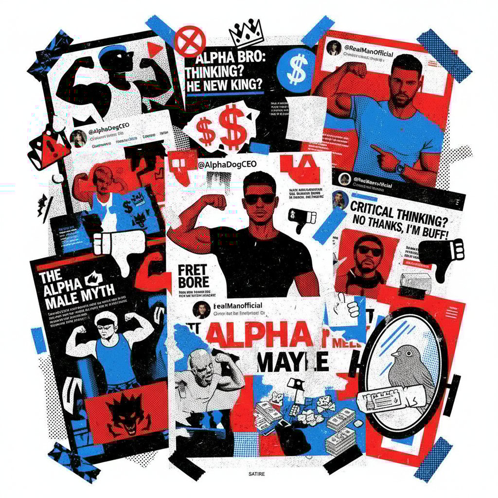 Kolaż okładek magazynów, postów w mediach społecznościowych i symboli alfa; klimat: krytyczny, satyryczny