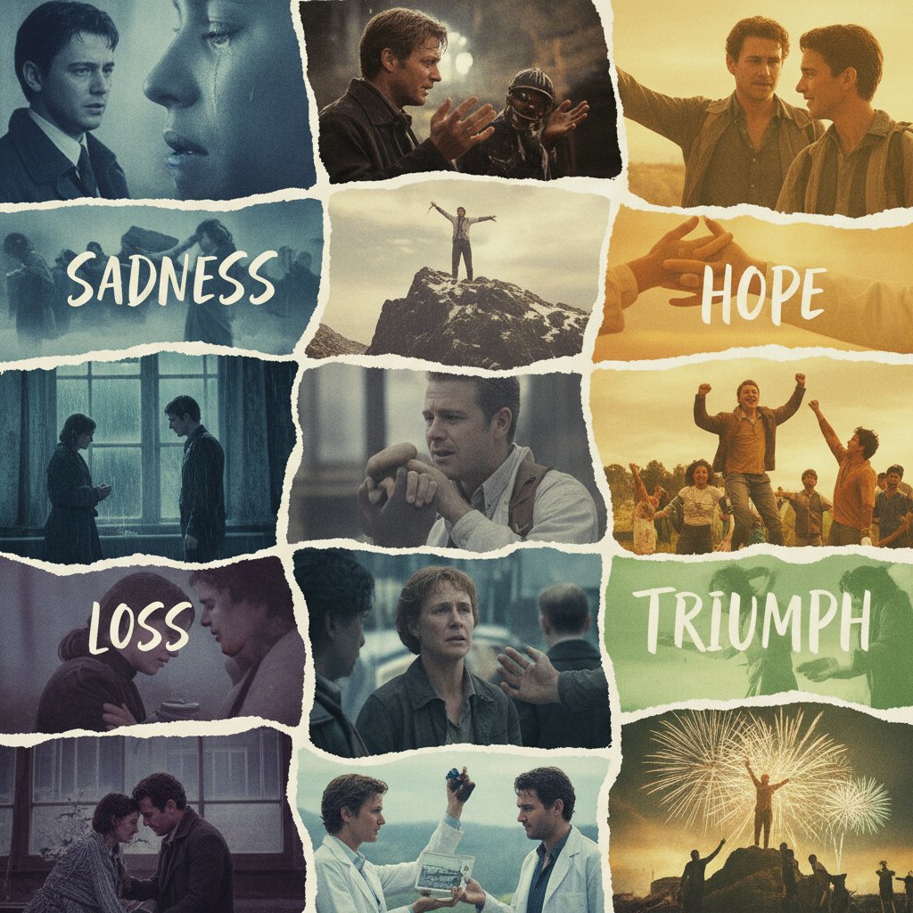 Collage of emotional movie moments across genres, sadness, joy, catharsis, hope