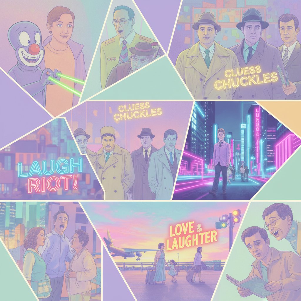 Collage of pastel, neon, and unconventional comedy movie scenes, playful energy, movie palette comedy movies