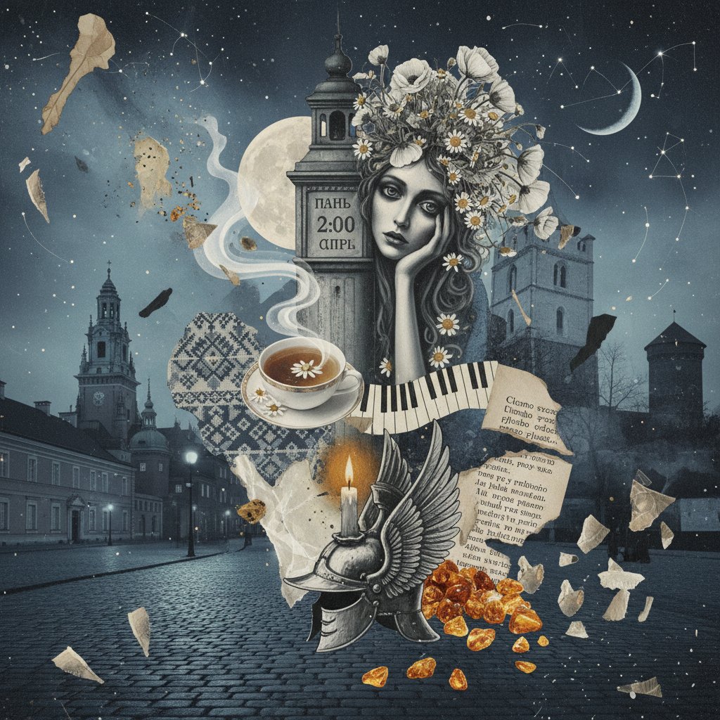 Kolaż polskich motywów kulturowych związanych z bezsennością: fragment książki, ekran smartfona, nocna panorama Warszawy