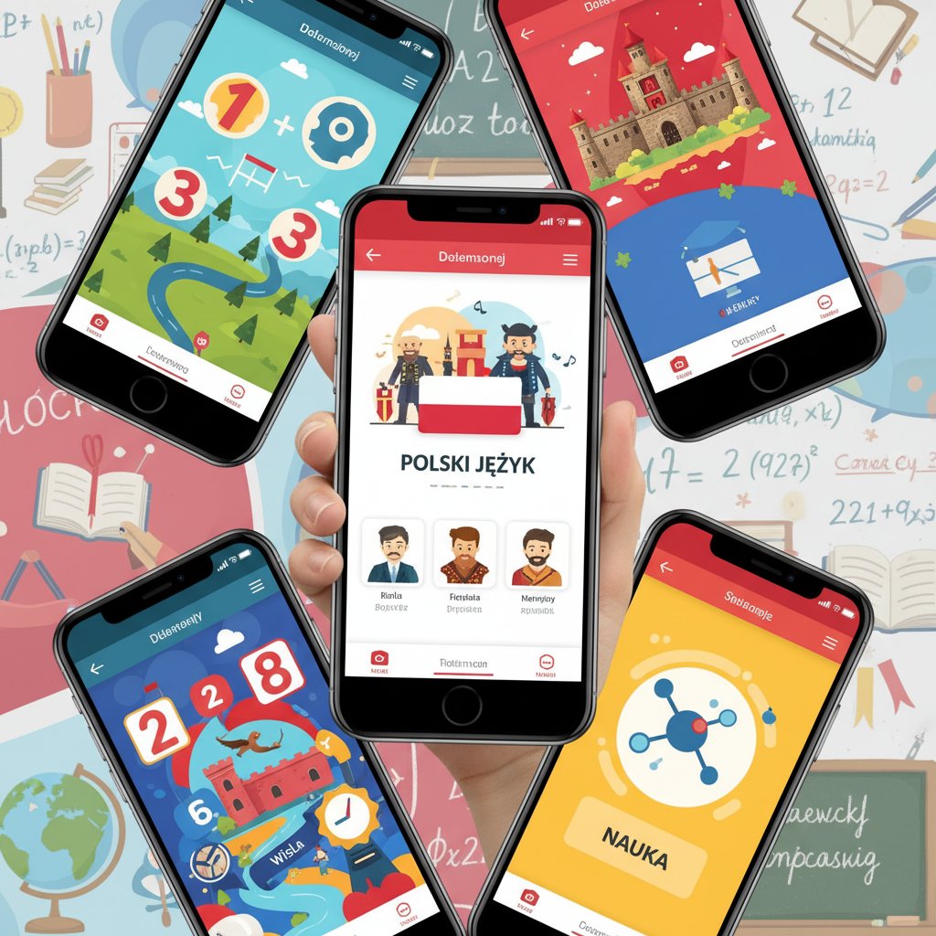 Kolaż najpopularniejszych polskich aplikacji edukacyjnych na ekranie smartfona
