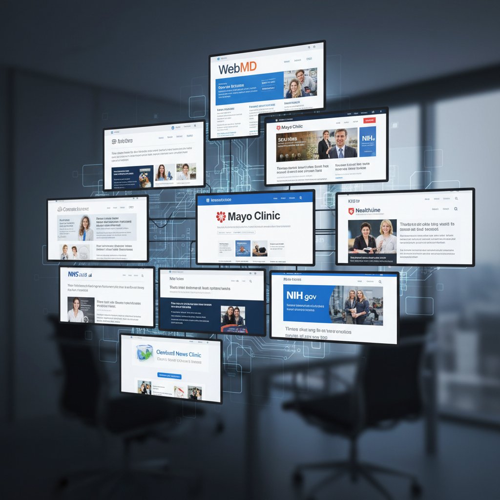 Kolaż ekranów z wiarygodnymi portalami zdrowotnymi