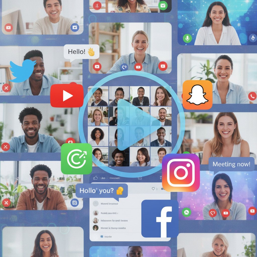 Kolaż ikon mediów społecznościowych i wideorozmów, skuteczne rozmowy w sieci