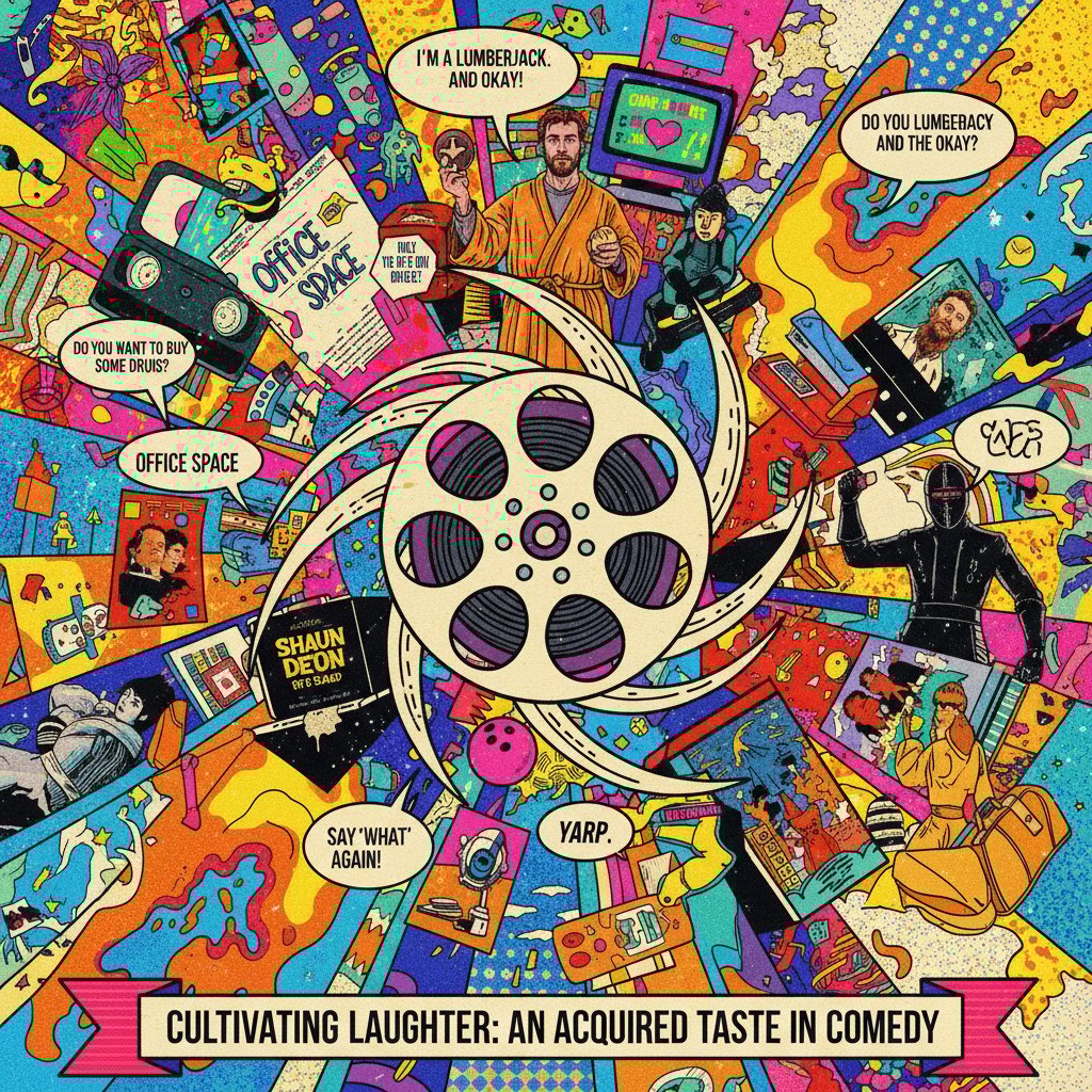Collage of cult acquired taste comedy movies, vibrant scenes from various decades
