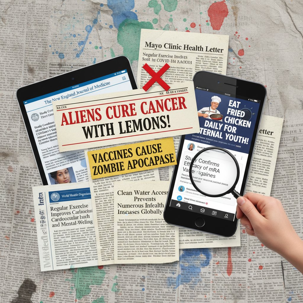 Kolorowa kolażowa ilustracja fake newsów i prawdziwych artykułów zdrowotnych, kontrast, informacja