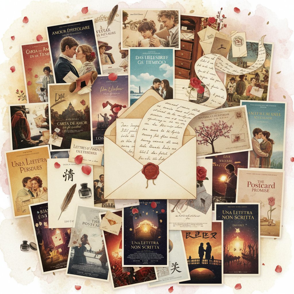 Collage of international film posters with love letter themes