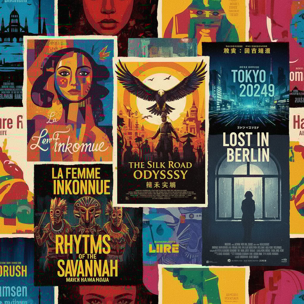 Collage of movie posters from around the world, vibrant, bold, 16:9