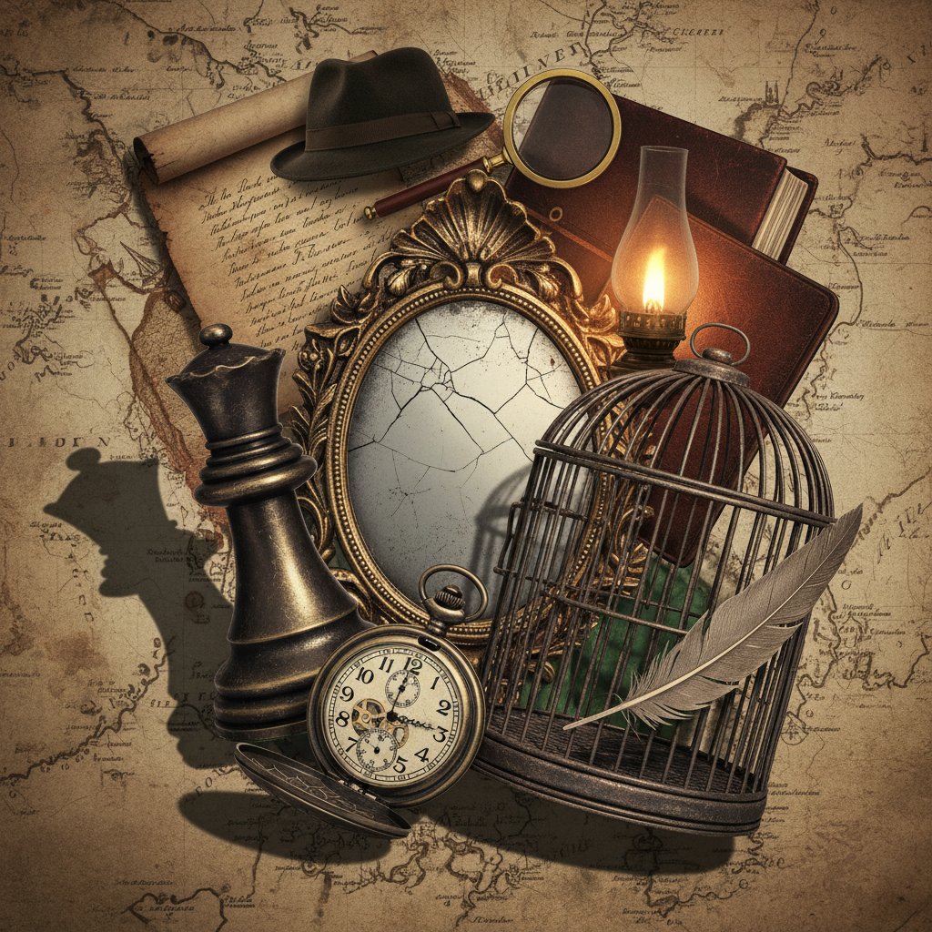 Collage of movie props: mirror, chess piece, clock, birdcage, arranged as clues, detective mood