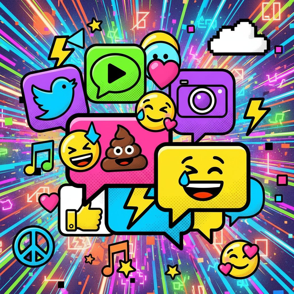 Kolorowy kolaż logotypów aplikacji, dymków czatu i emotikon na jasnym tle – słowa kluczowe: narzędzia do rozmów, przyjaźń online