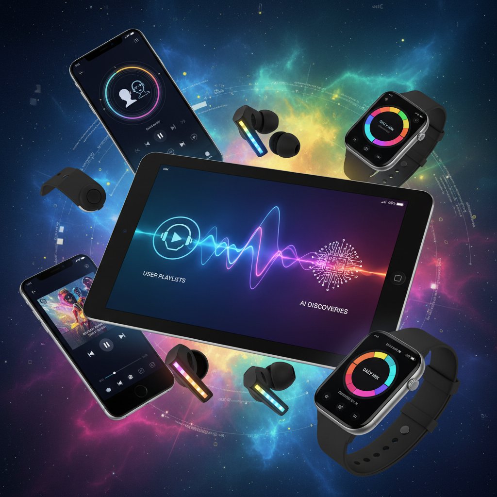 Różnorodne narzędzia do nauki muzyki online, różne urządzenia, aplikacje muzyczne, ludzie i AI