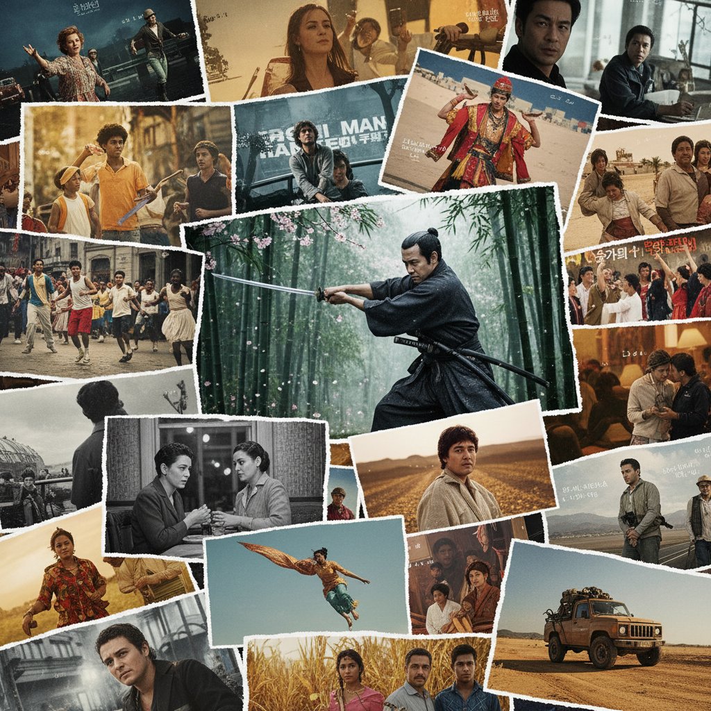 Diverse group of film protagonists from around the world, global cinema movie recommendations