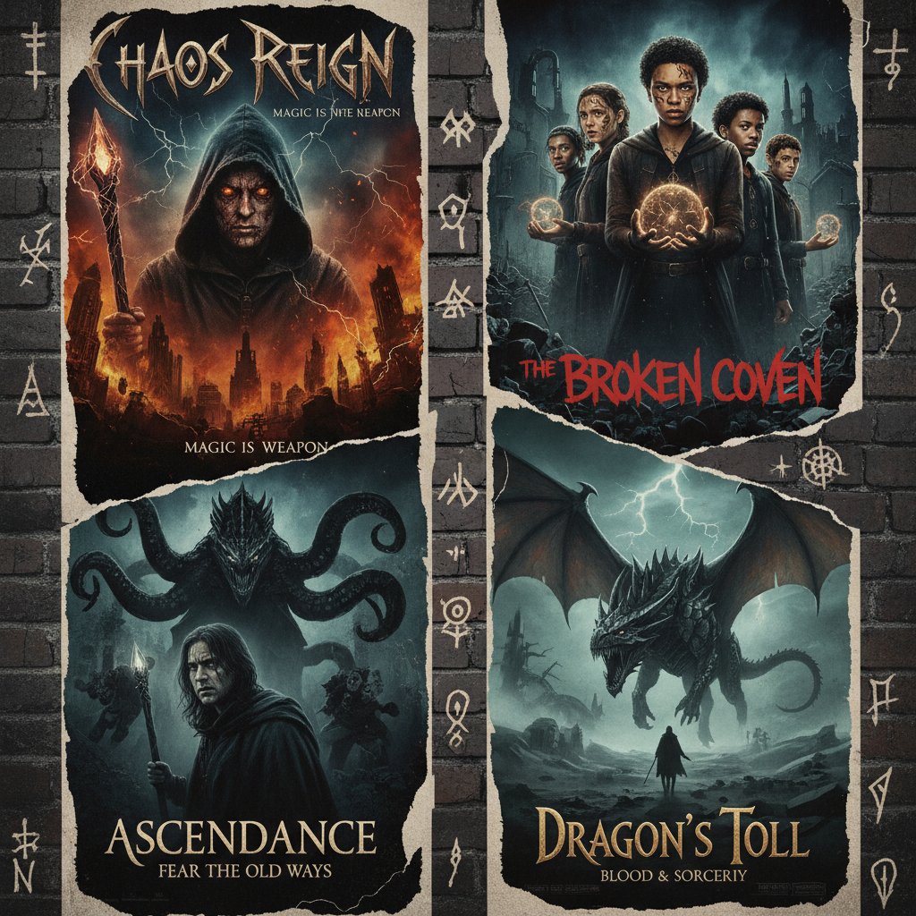 Collage of posters from edgy, lesser-known wizard movies - grungy, intense style