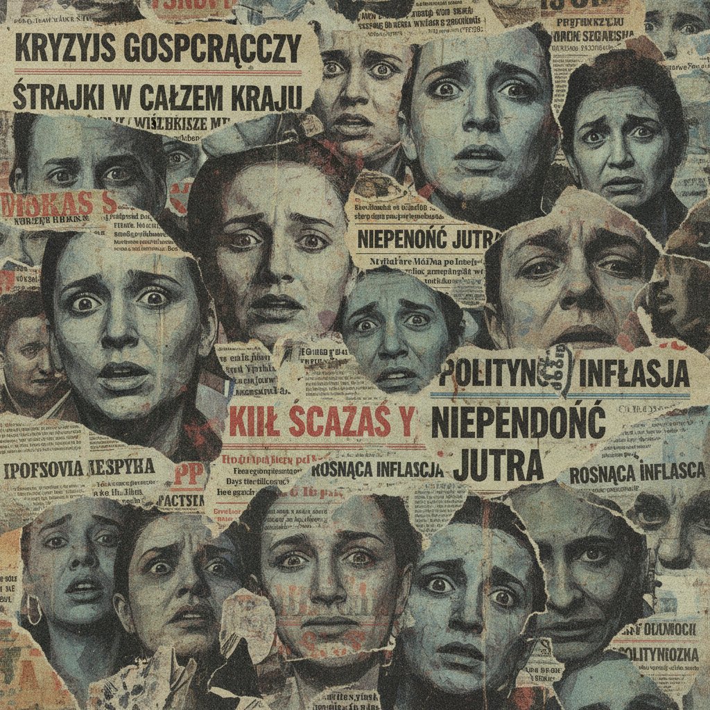 Presja sukcesu i kontroli w polskich mediach – kolaż nagłówków i zaniepokojonych twarzy