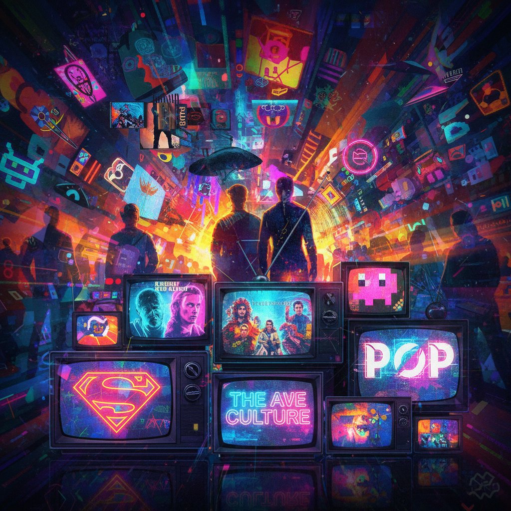 Kolaż symboli popkultury, ekranów telewizyjnych i zamazanych sylwetek