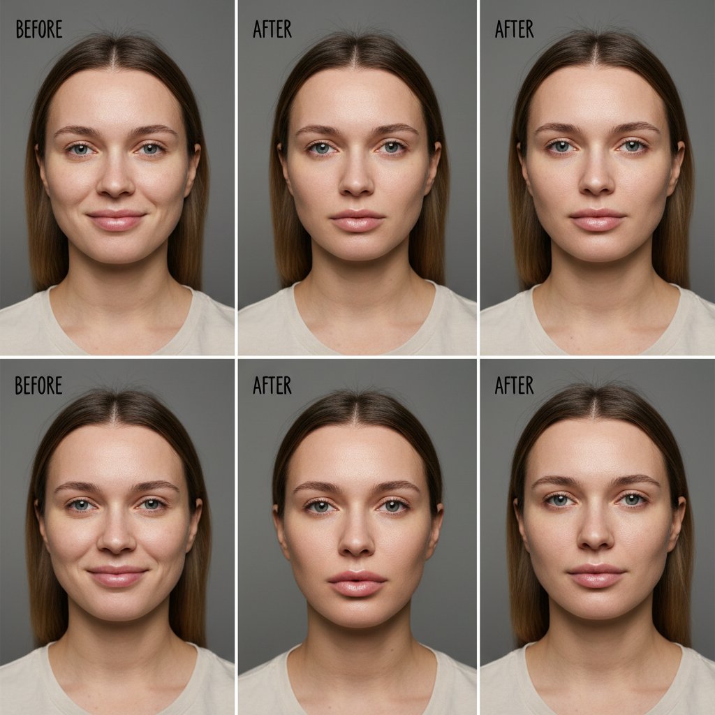 Rzeczywiste efekty modelowania ust – trzy przykłady, kolaż kobiet przed i po, reportażowy styl