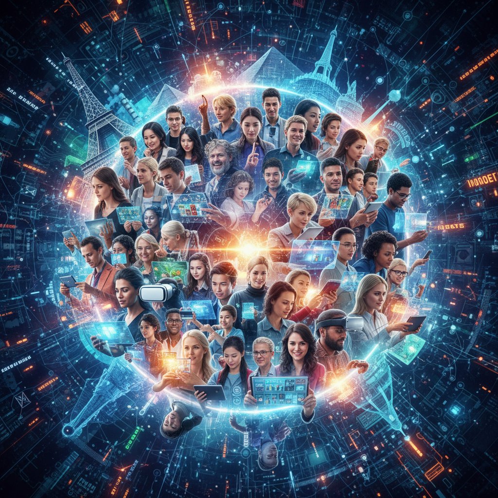 Ludzie z różnych krajów korzystający z nowoczesnych narzędzi cyfrowych do rozwoju osobistego