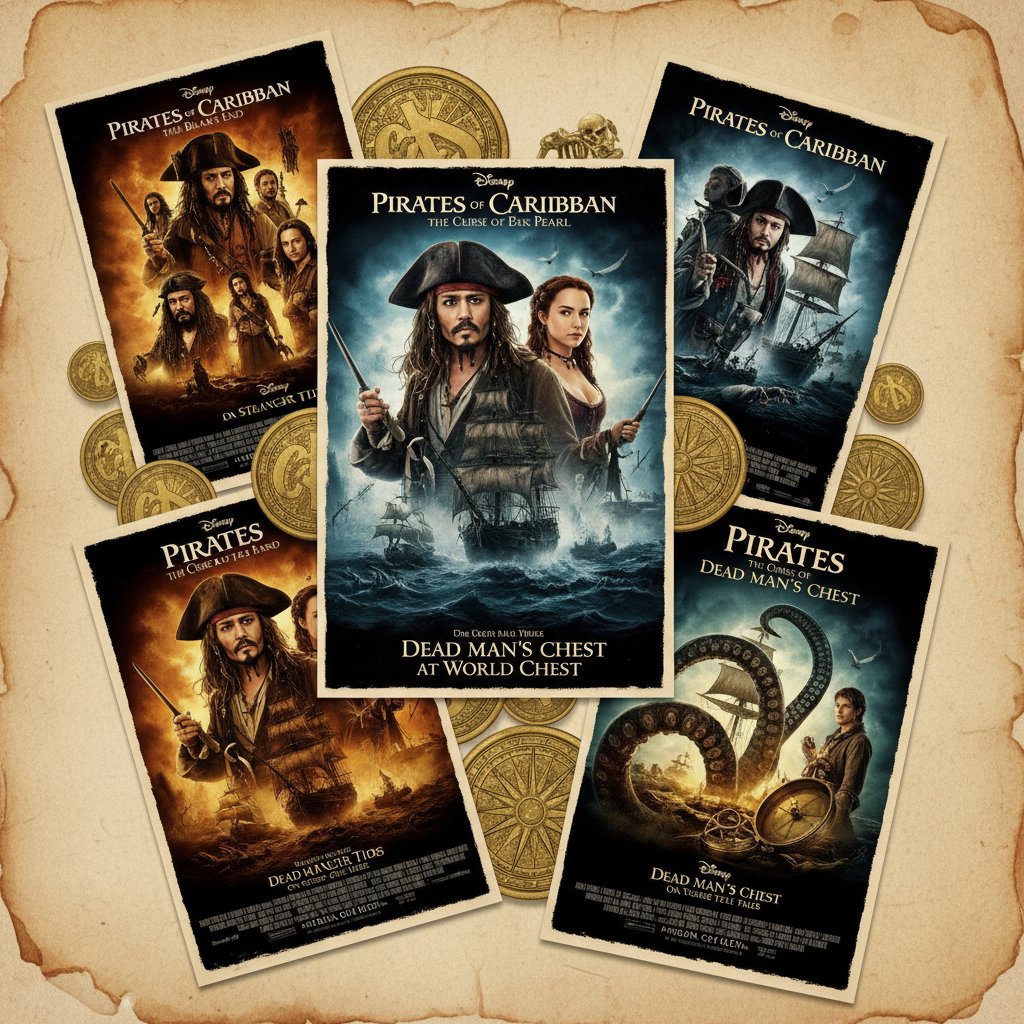 Collage of pirates of the caribbean movie posters, high-contrast, 16:9