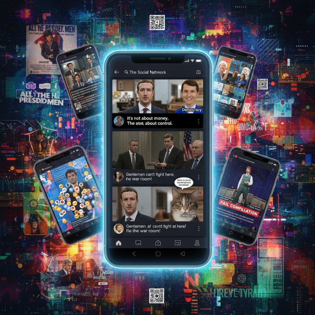 Collage of political movie scenes remixed as memes on smartphone screens, modern viral political storytelling