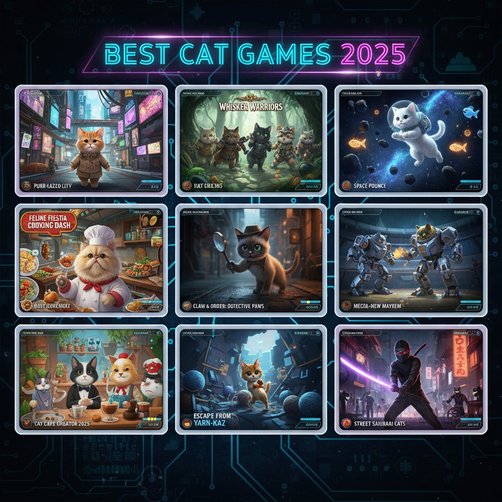 Kolaż ekranów z najlepszych gier z kotami 2025 roku