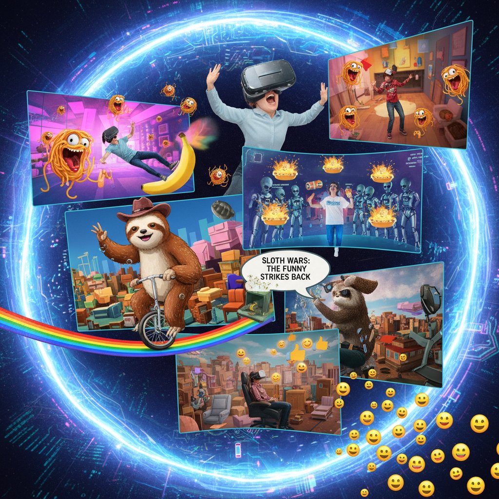 Collage of surreal VR comedy movie scenes, bizarre humor in immersive environments