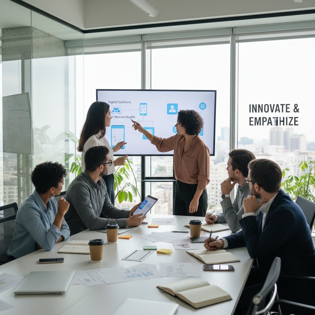 Kollegen tauschen sich offen über digitale Lösungen für mentale Gesundheit aus, modernes Großraumbüro, Aufbruchsstimmung