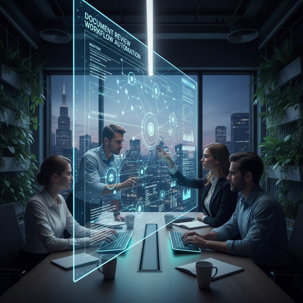 Colleagues collaborating with AI dashboard during document review workflow automation