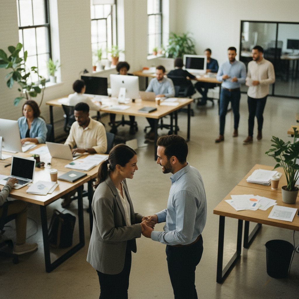 Pracownicy w biurze wymieniający się gestami uznania