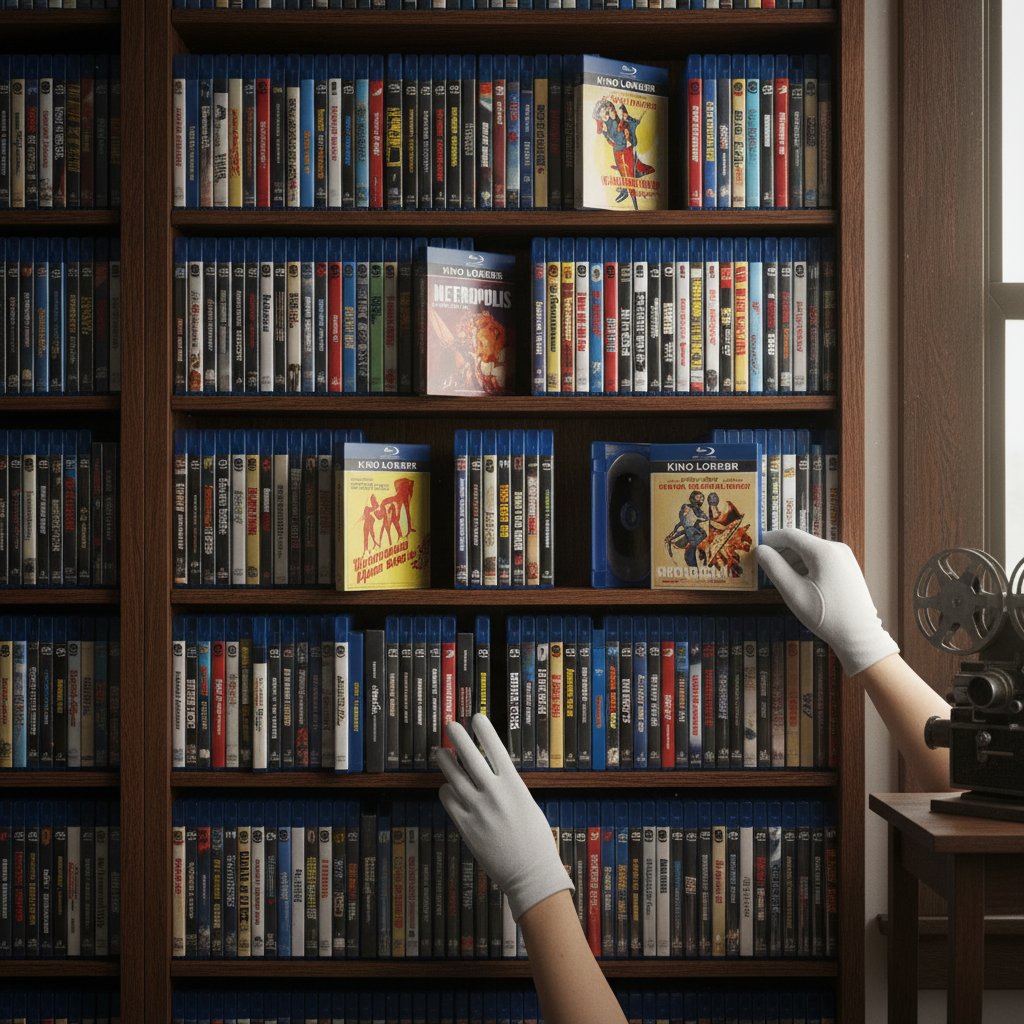 Collector with Kino Lorber Blu-rays, hands holding rare titles