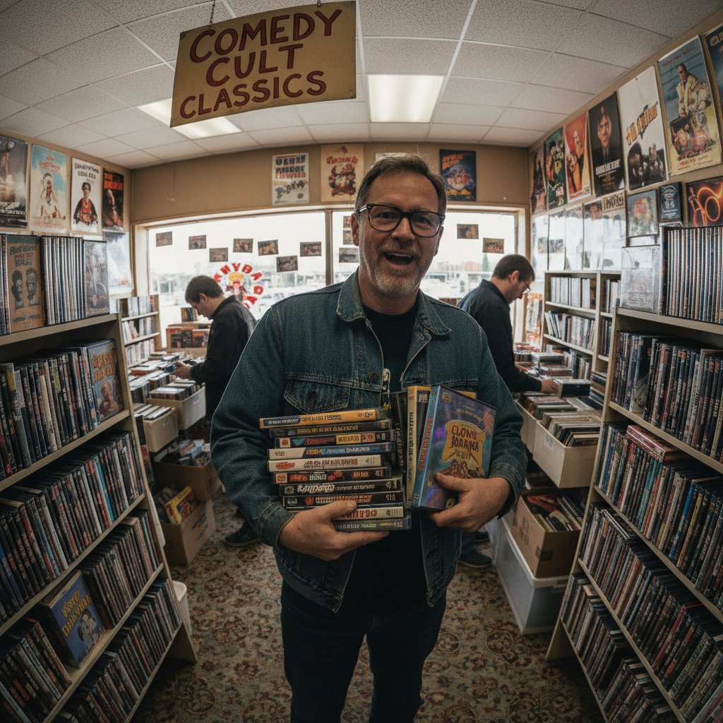 Serious collector searching shelves of rare comedy movie DVDs at a vintage video store