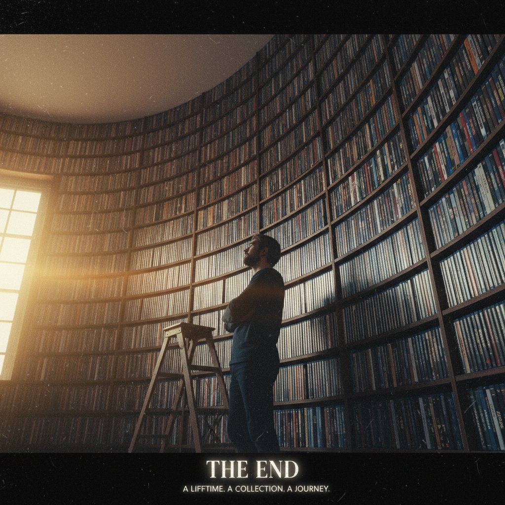 Collector silhouetted against a wall of movies, cinematic end frame, triumphant contemplative, anniversary edition movies collection
