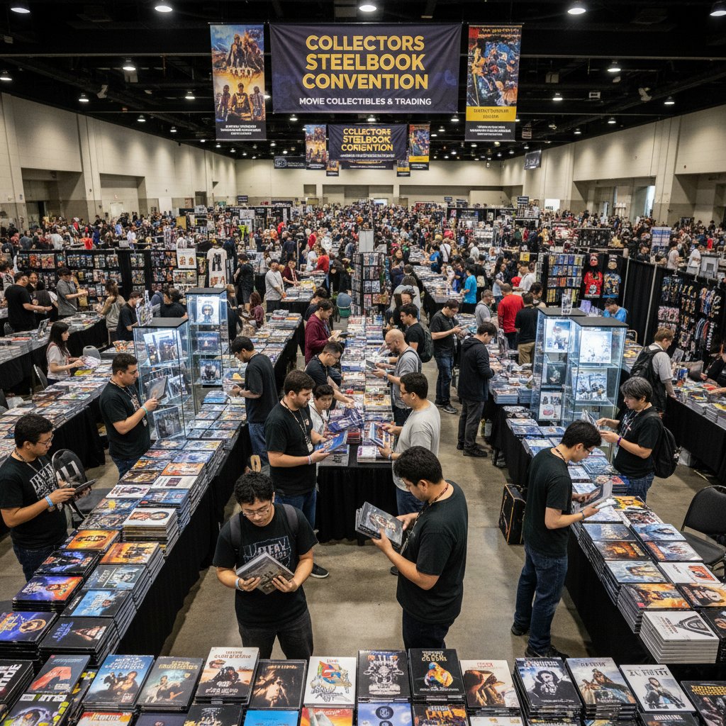 Group of collectors exchanging steelbooks at a convention, diverse and lively, surrounded by collectible movie cases.