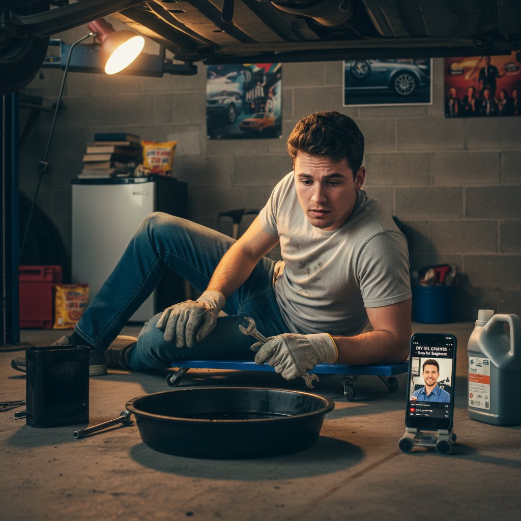 College student learning basic car maintenance skills, changing oil with YouTube tutorial, self-sufficiency and empowerment