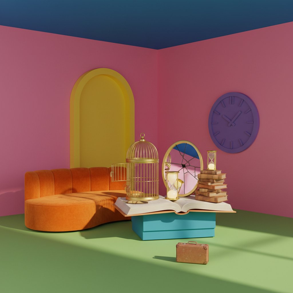 Set design highlighting Greta Gerwig’s visual style: color-blocked room, symbolic props, cinematic lighting