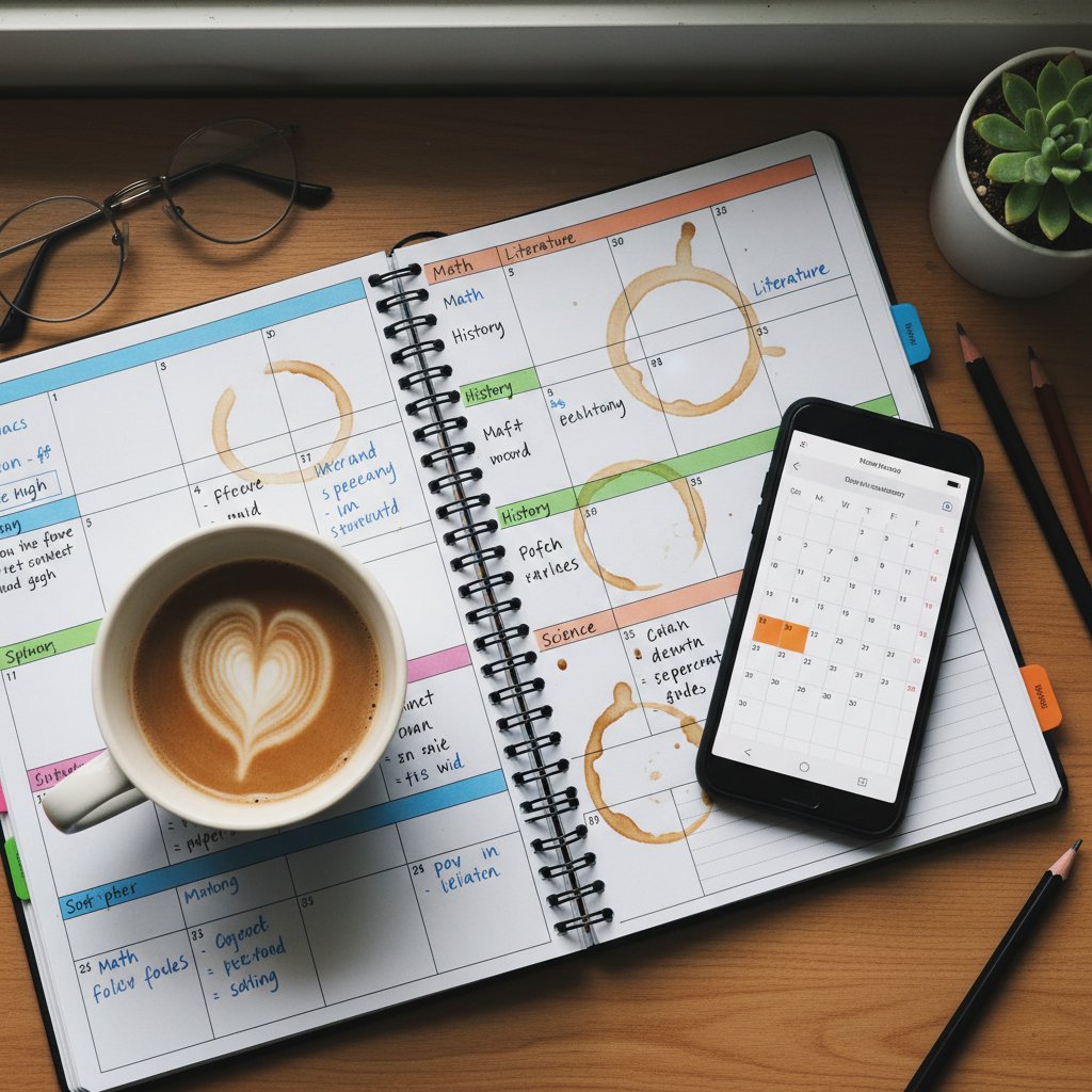 Kolorowy planer nauki z notatkami i telefonem, organizacja nauki, skuteczne planowanie