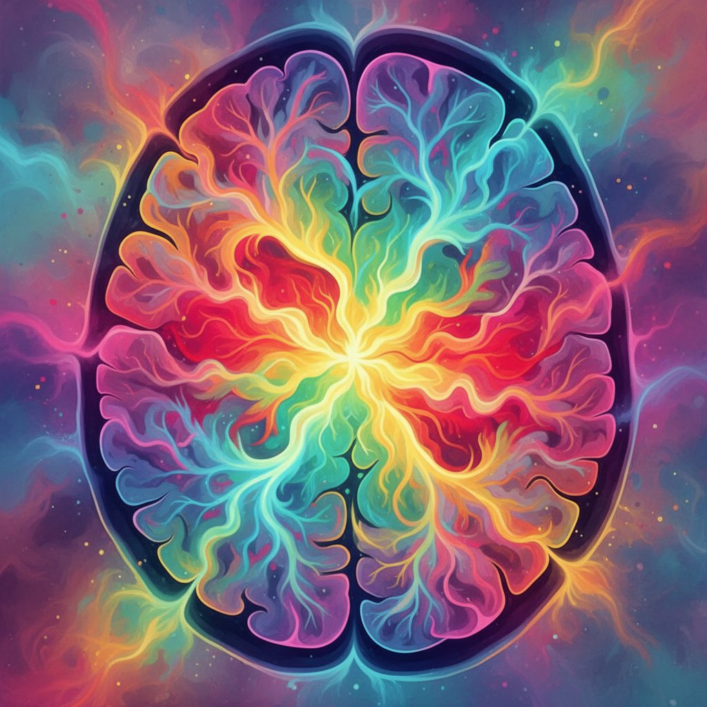 Artystyczna wizja nieznanych obszarów mózgu na fMRI, kolorowe skany, mózg, nauka